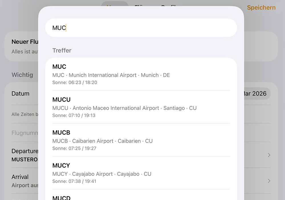 iPhone-Suche für Flughäfen mit Trefferliste