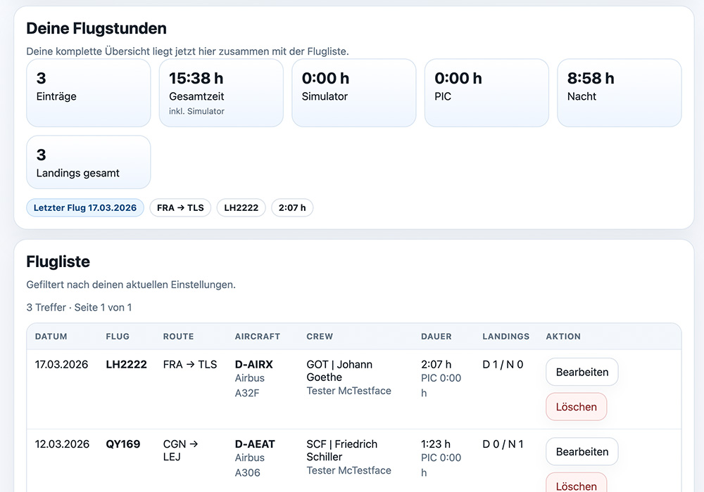 Web-Ansicht mit Flugstunden und Flugliste