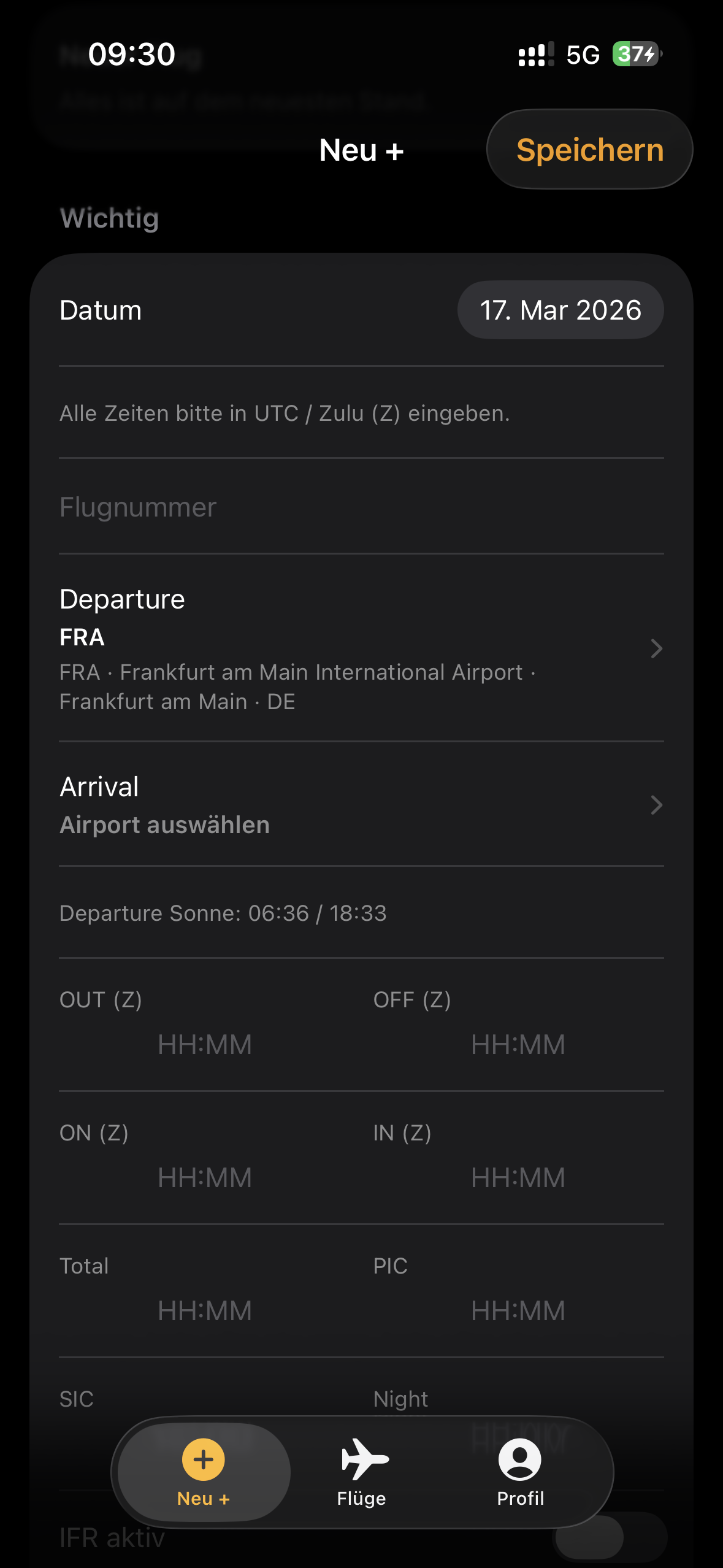 iPhone-Screenshot der Flugerfassung