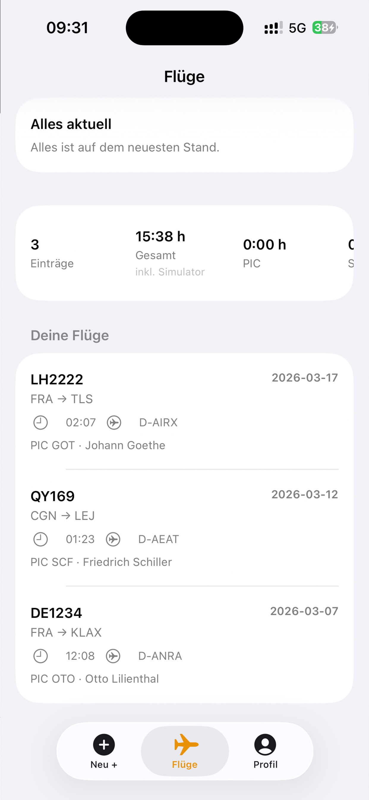 iPhone-Screenshot der Flugliste